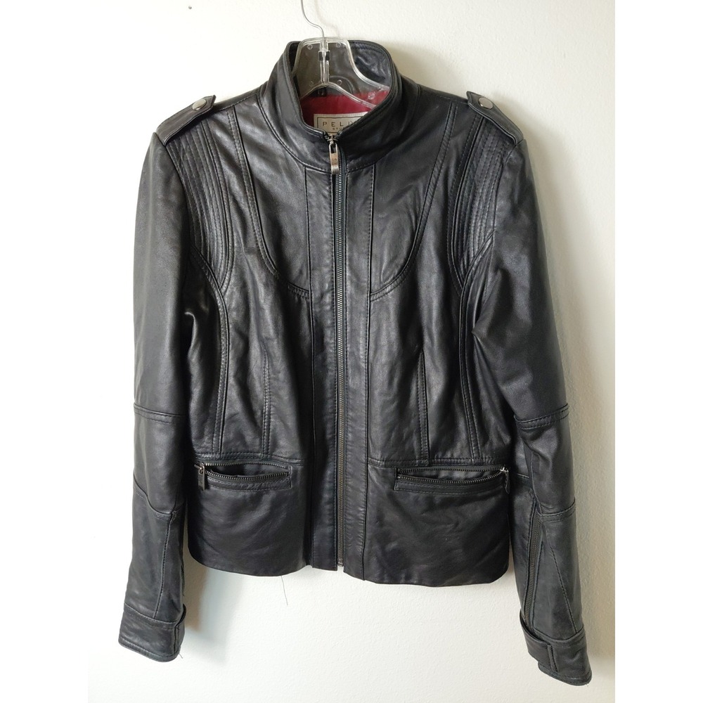 Vintage PELLE Black Leather Puffy Shoulder Jacket Womens L Excellent 80's